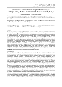 Isolation and Identification of Phosphate Solubilizing and Nitrogen-Fixing Bacteria from Lake Ol’Bolossat Sediments, Kenya