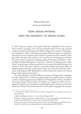 Game Design Patterns from the University to Design Studio