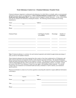 TSCA Chemical Substance Transfer Form” and a “Preliminary Health and Safety Information Sheet” When Hand Carried Or Shipped to Another Laboratory