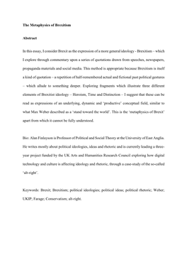 The Metaphysics of Brexitism Abstract in This Essay, I Consider Brexit As the Expression of a More General Ideology