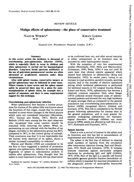 Malign Effects of Splenectomy-The Place of Conservative Treatment NAHUM WERBIN* KIRAN LODHA M.D