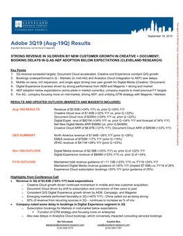 Adobe 3Q19 (Aug-19Q) Results Important Disclosures Can Be Found in Appendix