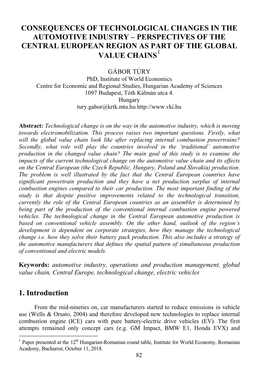 Consequences of Technological Changes in the Automotive Industry – Perspectives of the Central European Region As Part of the Global 1 Value Chains