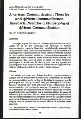 American Communication Theories and African Communication Research: Needjor a Philosophy of African Communication by Dr