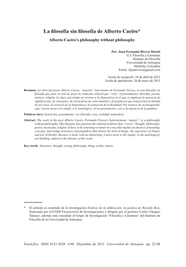 La Filosofía Sin Filosofía De Alberto Caeiro* Alberto Caeiro’S Philosophy Without Philosophy