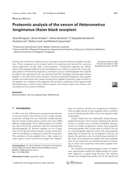 Proteomic Analysis of the Venom of Heterometrus Longimanus (Asian Black Scorpion)