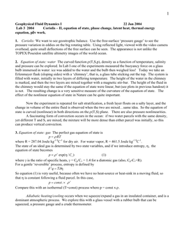 Lab 3 2004 Coriolis – II, Equation of State, Phase Change, Latent Heat, Thermal Energy Equation, Pδv Work