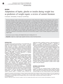Adaptations of Leptin, Ghrelin Or Insulin During Weight Loss As Predictors of Weight Regain: a Review of Current Literature