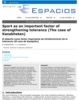 Sport As an Important Factor of Strengthening Tolerance (The Case of Kazakhstan)