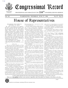 Congressional Record United States Th of America PROCEEDINGS and DEBATES of the 104 CONGRESS, SECOND SESSION