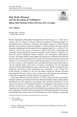 Chai, David, Zhuangzi and the Becoming of Nothingness Albany: State University of New York Press, 2019, 216 Pages