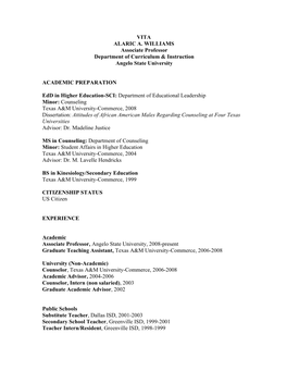 VITA ALARIC A. WILLIAMS Associate Professor Department of Curriculum & Instruction Angelo State University