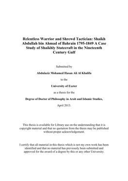 Shaikh Abdullah Bin Ahmad of Bahrain 1795-1849 a Case Study of Shaikhly Statecraft in the Nineteenth Century Gulf