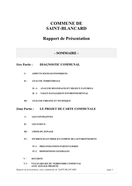 COMMUNE DE SAINT-BLANCARD Rapport De Présentation