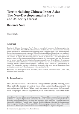 Territorialising Chinese Inner Asia: the Neo-Developmentalist State and Minority Unrest