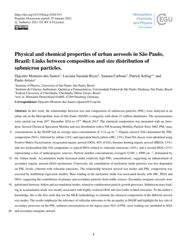 Physical and Chemical Properties of Urban Aerosols in São Paulo, Brazil: Links Between Composition and Size Distribution of Submicron Particles