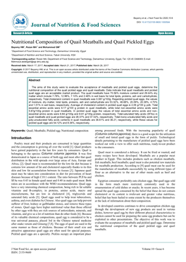 Nutritional Composition of Quail Meatballs and Quail Pickled Eggs