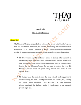 June 9, 2020 Thai Enquirer Summary Political News • the Ministry Of