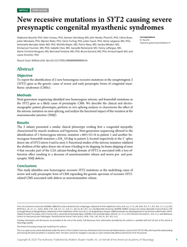 New Recessive Mutations in SYT2 Causing Severe Presynaptic Congenital Myasthenic Syndromes