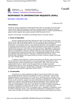 Honduras: Areas of Operation of Mara Salvatrucha (MS-13) and Mara 18