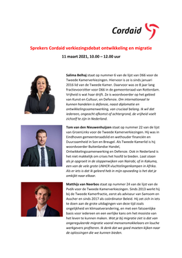 Sprekers Cordaid Verkiezingsdebat Ontwikkeling En Migratie 11 Maart 2021, 10.00 – 12.00 Uur