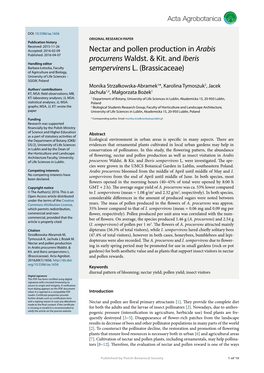 Nectar and Pollen Production in Arabis Procurrens Waldst