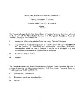 PASADENA INDEPENDENT SCHOOL DISTRICT Meeting of The