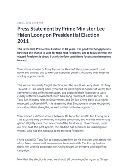 Press Statement by Prime Minister Lee Hsien Loong on Presidential Election 2011