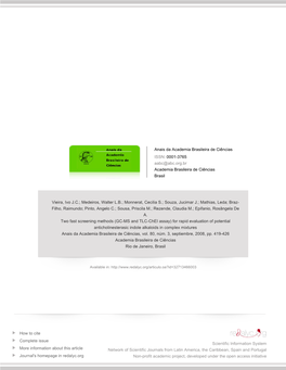 (GC-MS and TLC-Chei Assay) for Rapid Evaluation of Potential Anticholinesterasic Indole Alkaloids in Complex Mixtures Anais Da Academia Brasileira De Ciências, Vol