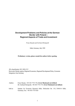 Development Problems and Policies at the German Border with Poland – Regional Aspects of Trade and Investment