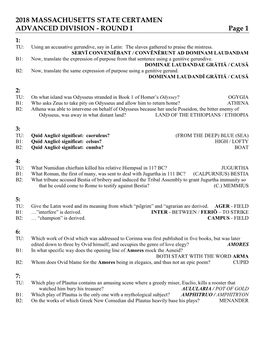 2018 MASSACHUSETTS STATE CERTAMEN ADVANCED DIVISION - ROUND I Page 1