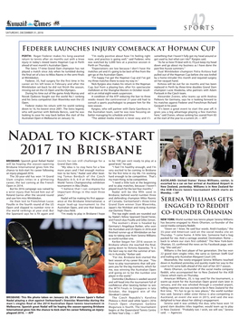 Nadal to Kick-Start 2017 in Brisbane