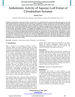 Anthelmintic Activity of Aqueous Leaf Extract of Clerodendrum Serratum