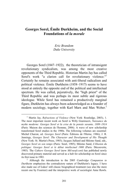 Georges Sorel, Émile Durkheim, and the Social Foundations of La Morale