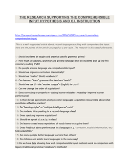 The Research Supporting the Comprehensible Input Hypothesis and C.I