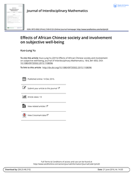Effects of African Chinese Society and Involvement on Subjective Well-Being