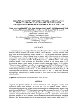 PRELIMINARY SURVEY of INSECT DIVERSITY and POPULATION ABUNDANCE DURING FLOWERING and FRUITING SEASON in Mangifera Odorata (KUINI) ORCHARD, SINTOK, KEDAH, MALAYSIA