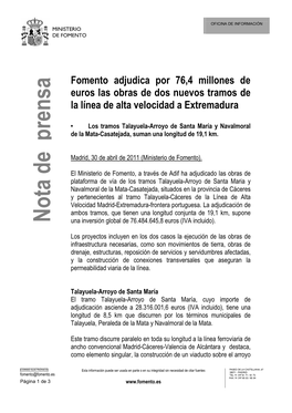 Fomento Adjudica Por 76,4 Millones De Euros Las Obras De Dos Nuevos Tramos De La Línea De Alta Velocidad a Extremadura