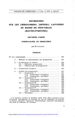 Recherches Sur Les Chironomides (Diptera) Lacus­ Tres Du Massif De Néouvielle (Hautes-Pyrénées)