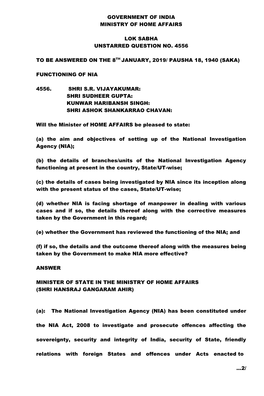 Government of India Ministry of Home Affairs Lok Sabha Unstarred Question No. 4556 to Be Answered on the 8Th January, 2019/ Paus