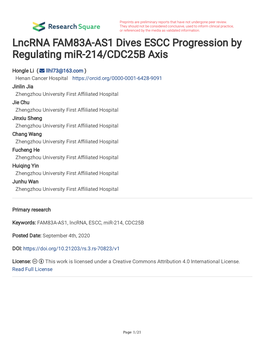 Lncrna FAM83A-AS1 Dives ESCC Progression by Regulating Mir-214/CDC25B Axis