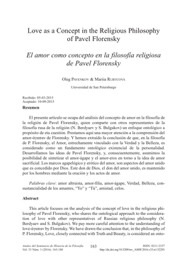 Love As a Concept in the Religious Philosophy of Pavel Florensky