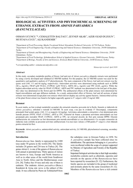 Biological Activities and Phytochemical Screening of Ethanol Extracts from Adonis Paryadrica (Ranunculaceae)