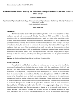 Ethnomedicinal Plants Used by the Tribals of Similipal Bioreserve, Orissa, India: a Pilot Study