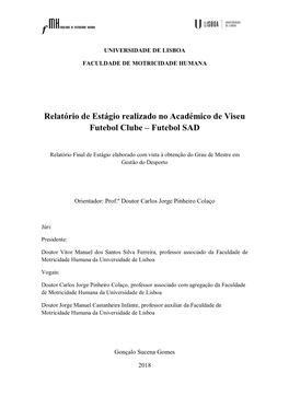 Relatório De Estágio Realizado No Académico De Viseu Futebol Clube – Futebol SAD