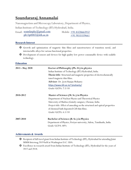 Soundararaj Annamalai Nanomagnetism and Microscopy Laboratory, Department of Physics, Indian Institute of Technology (IIT) Hyderabad, India