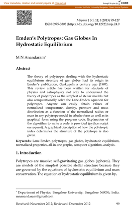 Emden's Polytropes: Gas Globes in Hydrostatic Equilibrium