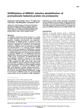 Sumoylation of HMGA2: Selective Destabilization of Promyelocytic Leukemia Protein Via Proteasome