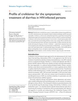 Profile of Crofelemer for the Symptomatic Treatment of Diarrhea in HIV-Infected Persons