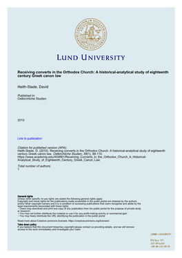 Receiving Converts in the Orthodox Church: a Historical-Analytical Study of Eighteenth Century Greek Canon Law